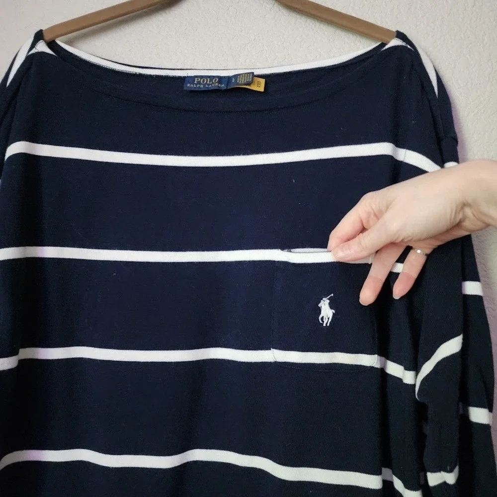 POLO RALPH LAUREN Boatneck Stripe Top Navy White Nautical Fishermancore L - Picture 7 of 7